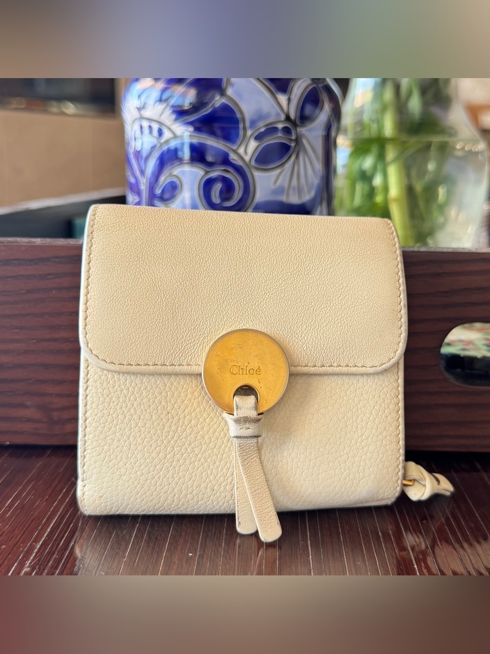 Chloé Cream Pebbled Leather Wallet with Gold Hardware